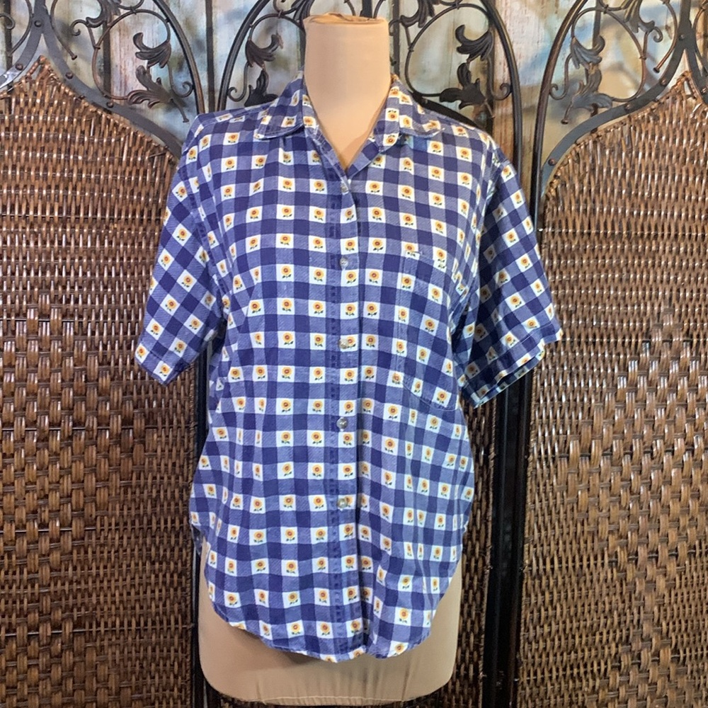 Vintage Quizz Sunflower Picnic Checked Button Down Shirt Size S